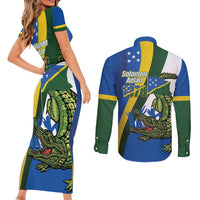 Solomon Islands Independence Day Couples Matching Short Sleeve Bodycon Dress and Long Sleeve Button Shirt Happy 7 July Crocodile Flag Style LT14 - Polynesian Pride