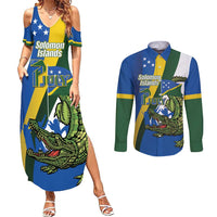 Solomon Islands Independence Day Couples Matching Summer Maxi Dress and Long Sleeve Button Shirt Happy 7 July Crocodile Flag Style LT14 Blue - Polynesian Pride