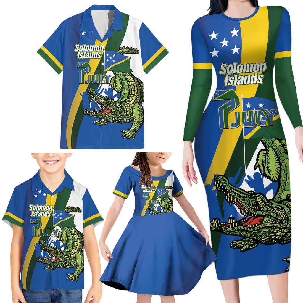 Solomon Islands Independence Day Family Matching Long Sleeve Bodycon Dress and Hawaiian Shirt Happy 7 July Crocodile Flag Style LT14 - Polynesian Pride