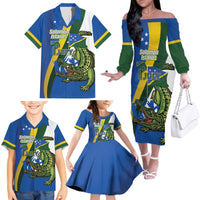 Solomon Islands Independence Day Family Matching Off The Shoulder Long Sleeve Dress and Hawaiian Shirt Happy 7 July Crocodile Flag Style