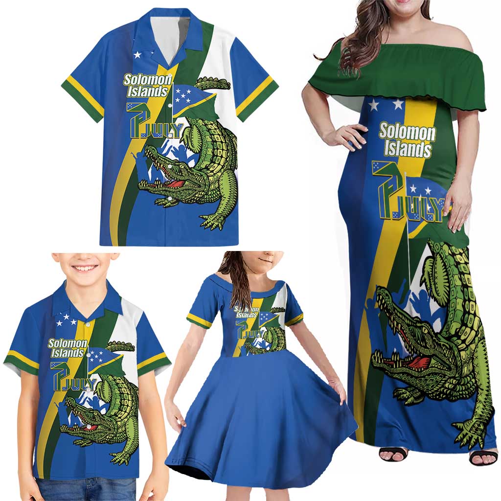 Solomon Islands Independence Day Family Matching Off Shoulder Maxi Dress and Hawaiian Shirt Happy 7 July Crocodile Flag Style