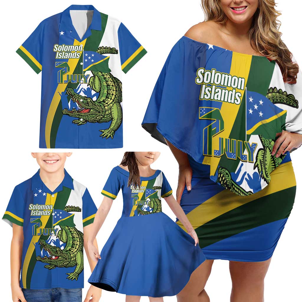 Solomon Islands Independence Day Family Matching Off Shoulder Short Dress and Hawaiian Shirt Happy 7 July Crocodile Flag Style