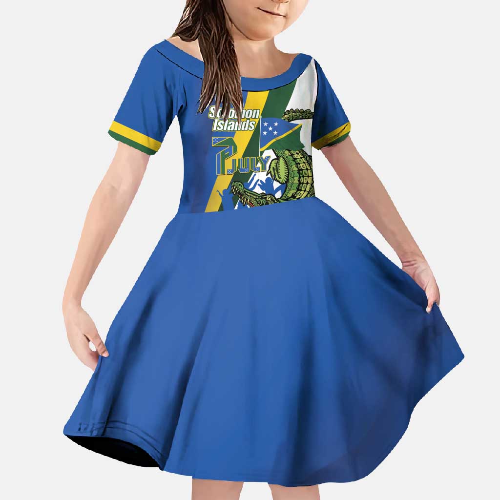 Solomon Islands Independence Day Family Matching Tank Maxi Dress and Hawaiian Shirt Happy 7 July Crocodile Flag Style LT14 Daughter's Dress Blue - Polynesian Pride