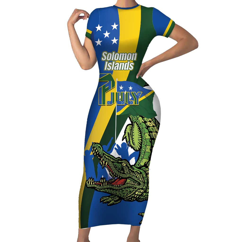 Solomon Islands Independence Day Short Sleeve Bodycon Dress Happy 7 July Crocodile Flag Style