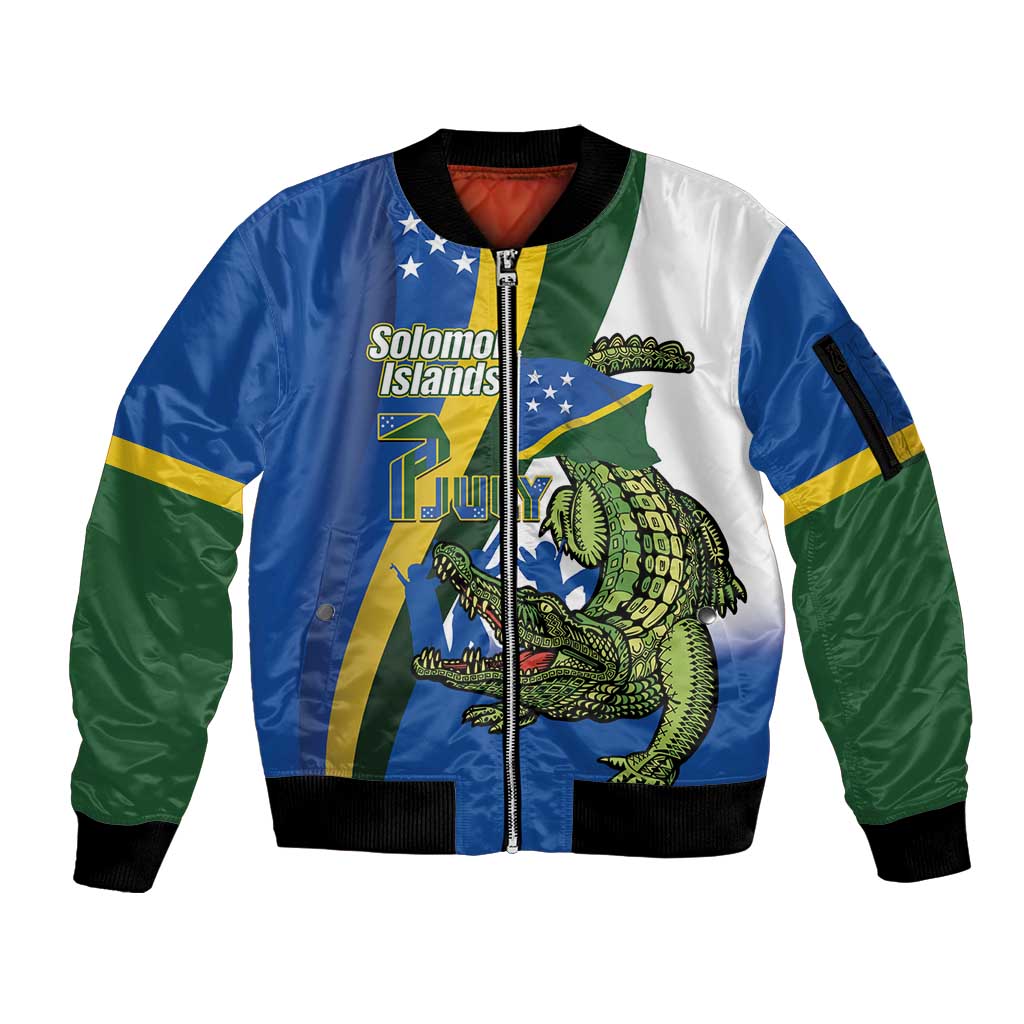 Solomon Islands Independence Day Sleeve Zip Bomber Jacket Happy 7 July Crocodile Flag Style