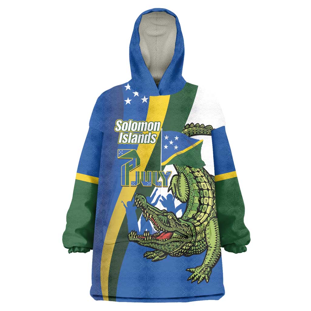 Solomon Islands Independence Day Wearable Blanket Hoodie Happy 7 July Crocodile Flag Style