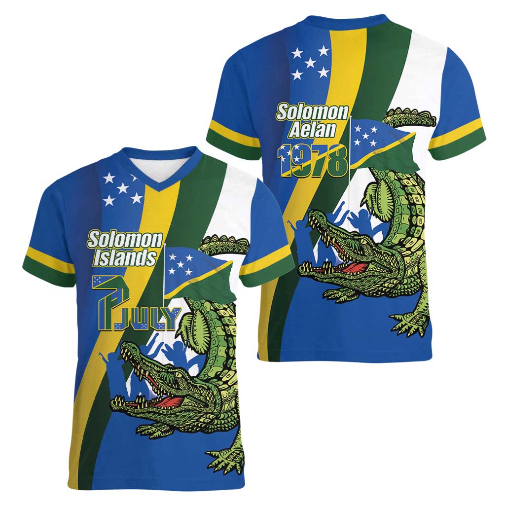 Solomon Islands Independence Day Women V-Neck T-Shirt Happy 7 July Crocodile Flag Style LT14 - Polynesian Pride