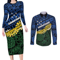Halo Olaketa Solomon Islands Tapa Pattern Couples Matching Long Sleeve Bodycon Dress and Long Sleeve Button Shirt LT14 Blue - Polynesian Pride