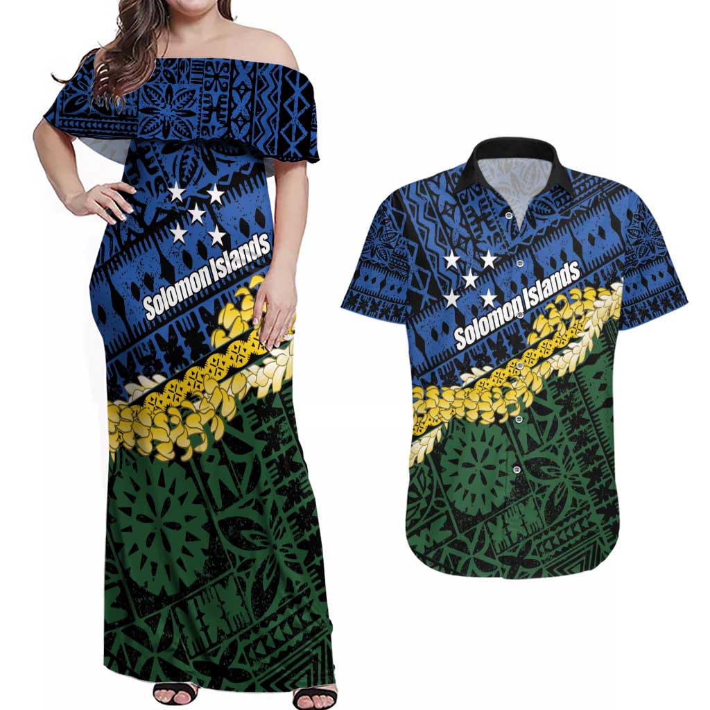 Halo Olaketa Solomon Islands Tapa Pattern Couples Matching Off Shoulder Maxi Dress and Hawaiian Shirt LT14 Blue - Polynesian Pride