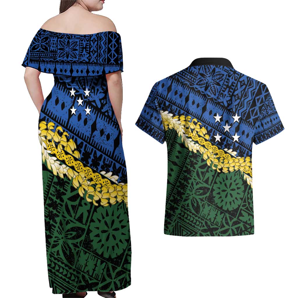 Halo Olaketa Solomon Islands Tapa Pattern Couples Matching Off Shoulder Maxi Dress and Hawaiian Shirt LT14 - Polynesian Pride