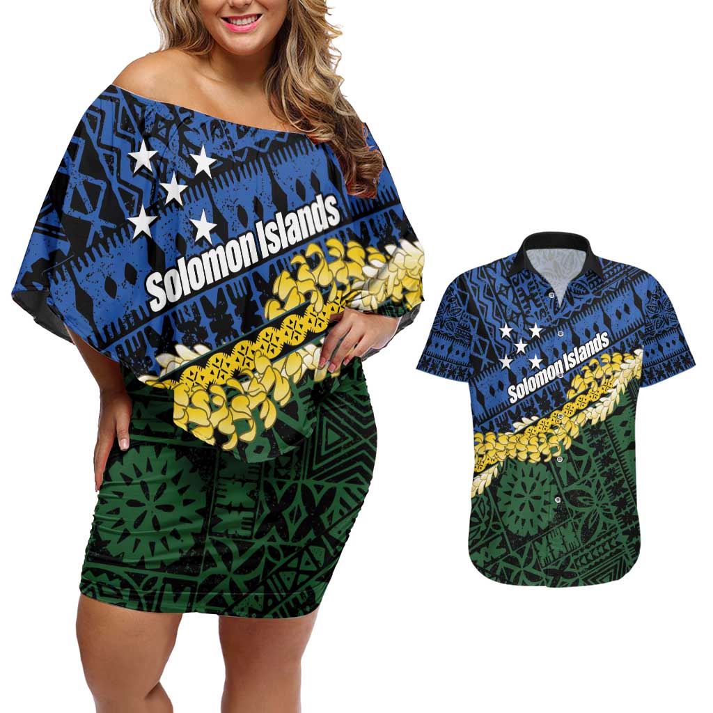Halo Olaketa Solomon Islands Tapa Pattern Couples Matching Off Shoulder Short Dress and Hawaiian Shirt LT14 Blue - Polynesian Pride