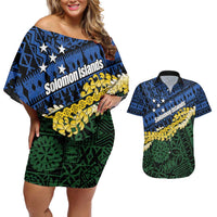 Halo Olaketa Solomon Islands Tapa Pattern Couples Matching Off Shoulder Short Dress and Hawaiian Shirt LT14 Blue - Polynesian Pride