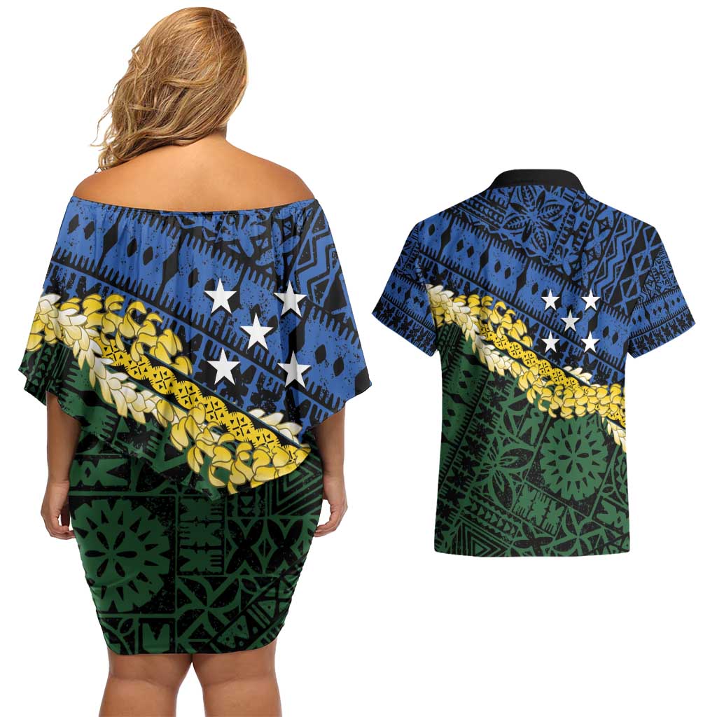 Halo Olaketa Solomon Islands Tapa Pattern Couples Matching Off Shoulder Short Dress and Hawaiian Shirt LT14 - Polynesian Pride