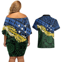 Halo Olaketa Solomon Islands Tapa Pattern Couples Matching Off Shoulder Short Dress and Hawaiian Shirt LT14 - Polynesian Pride
