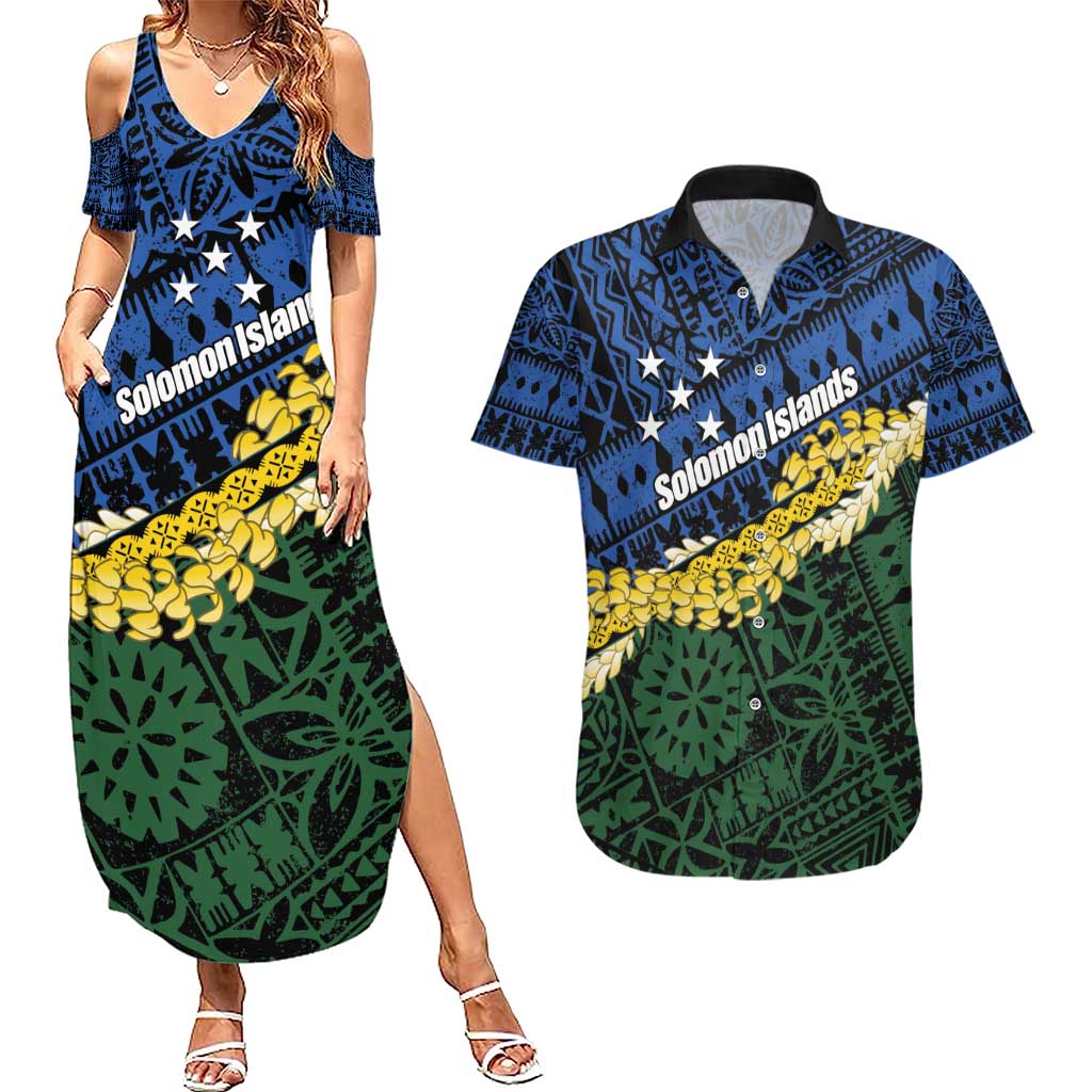 Halo Olaketa Solomon Islands Tapa Pattern Couples Matching Summer Maxi Dress and Hawaiian Shirt LT14 Blue - Polynesian Pride