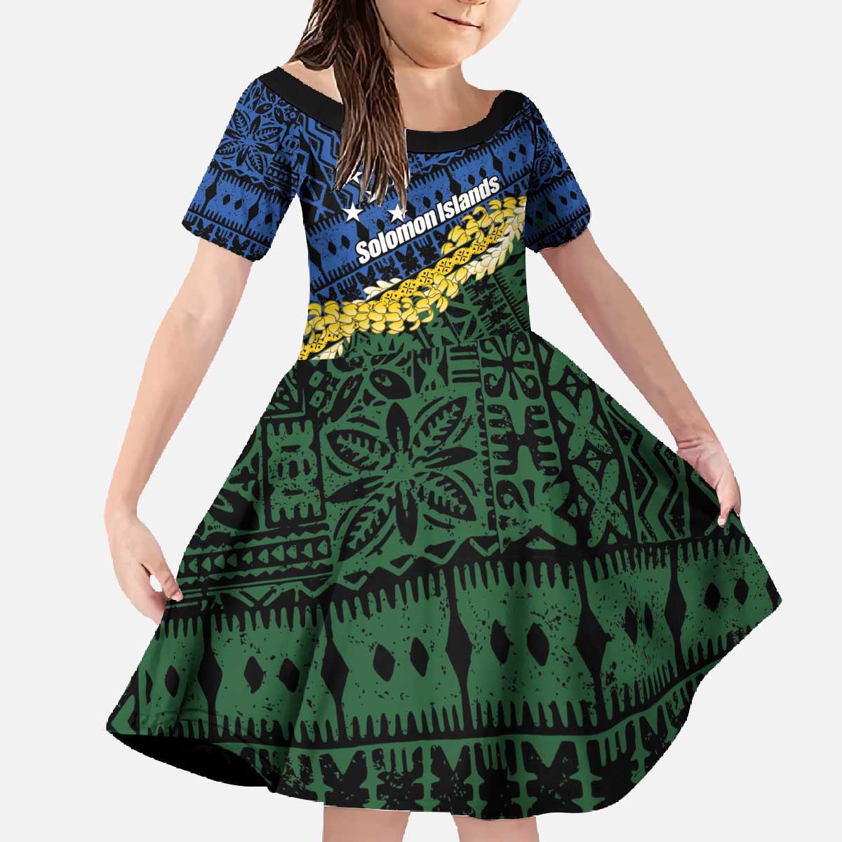 Halo Olaketa Solomon Islands Tapa Pattern Family Matching Off The Shoulder Long Sleeve Dress and Hawaiian Shirt