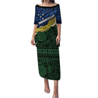 Halo Olaketa Solomon Islands Tapa Pattern Puletasi LT14 Long Dress Blue - Polynesian Pride