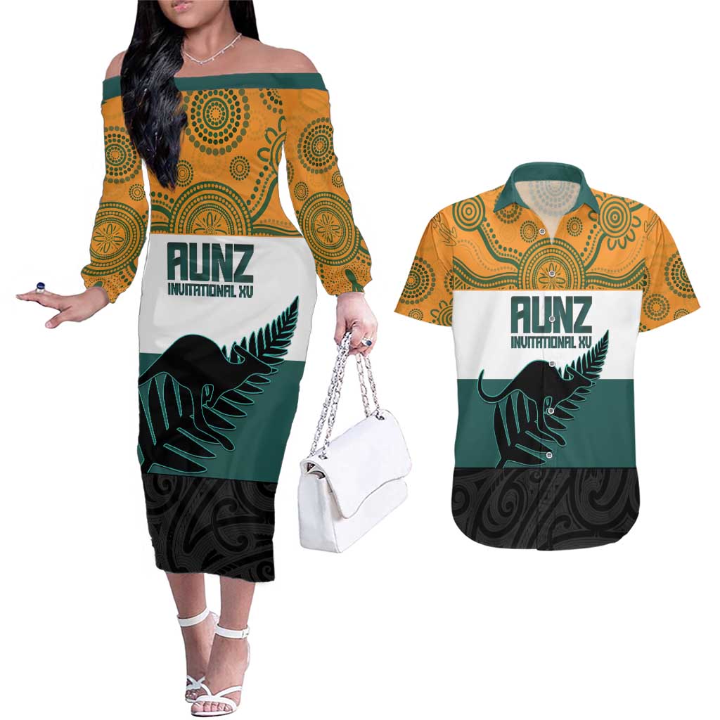 AUNZ Rugby Custom Couples Matching Off The Shoulder Long Sleeve Dress and Hawaiian Shirt Australia Kangaroo New Zealand Silver Fern - Polynesian Pride