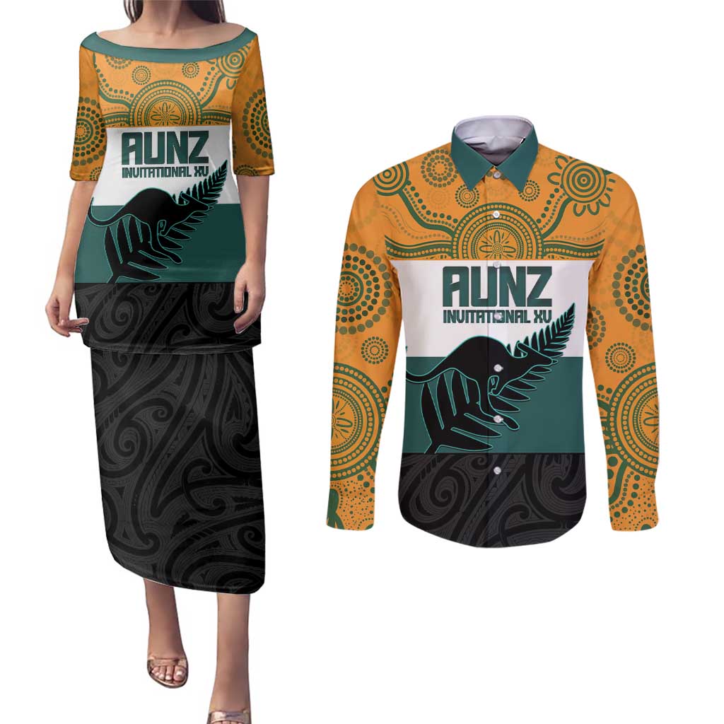 AUNZ Rugby Custom Couples Matching Puletasi and Long Sleeve Button Shirt Australia Kangaroo New Zealand Silver Fern - Polynesian Pride