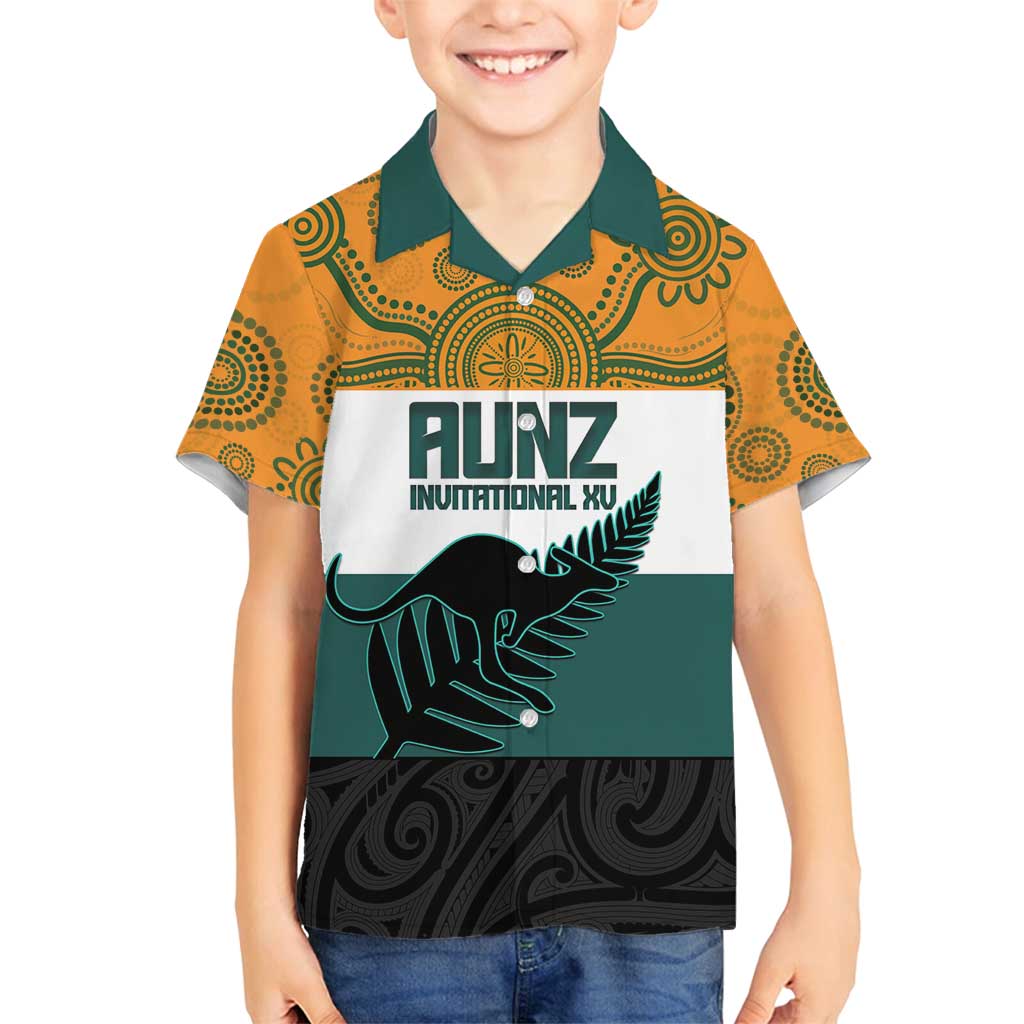 AUNZ Rugby Custom Family Matching Long Sleeve Bodycon Dress and Hawaiian Shirt Australia Kangaroo New Zealand Silver Fern - Polynesian Pride