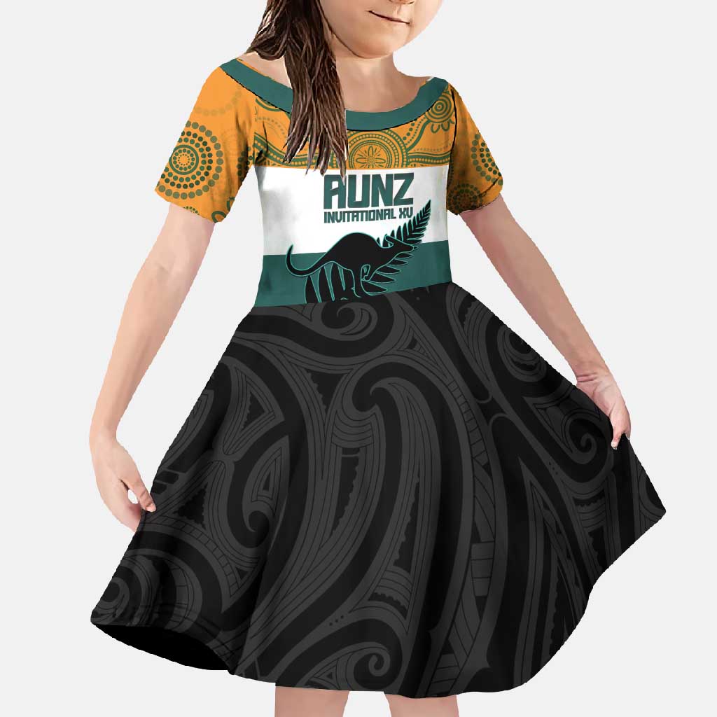 AUNZ Rugby Custom Family Matching Off Shoulder Maxi Dress and Hawaiian Shirt Australia Kangaroo New Zealand Silver Fern - Polynesian Pride