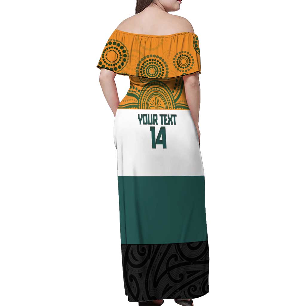 AUNZ Rugby Custom Family Matching Off Shoulder Maxi Dress and Hawaiian Shirt Australia Kangaroo New Zealand Silver Fern - Polynesian Pride