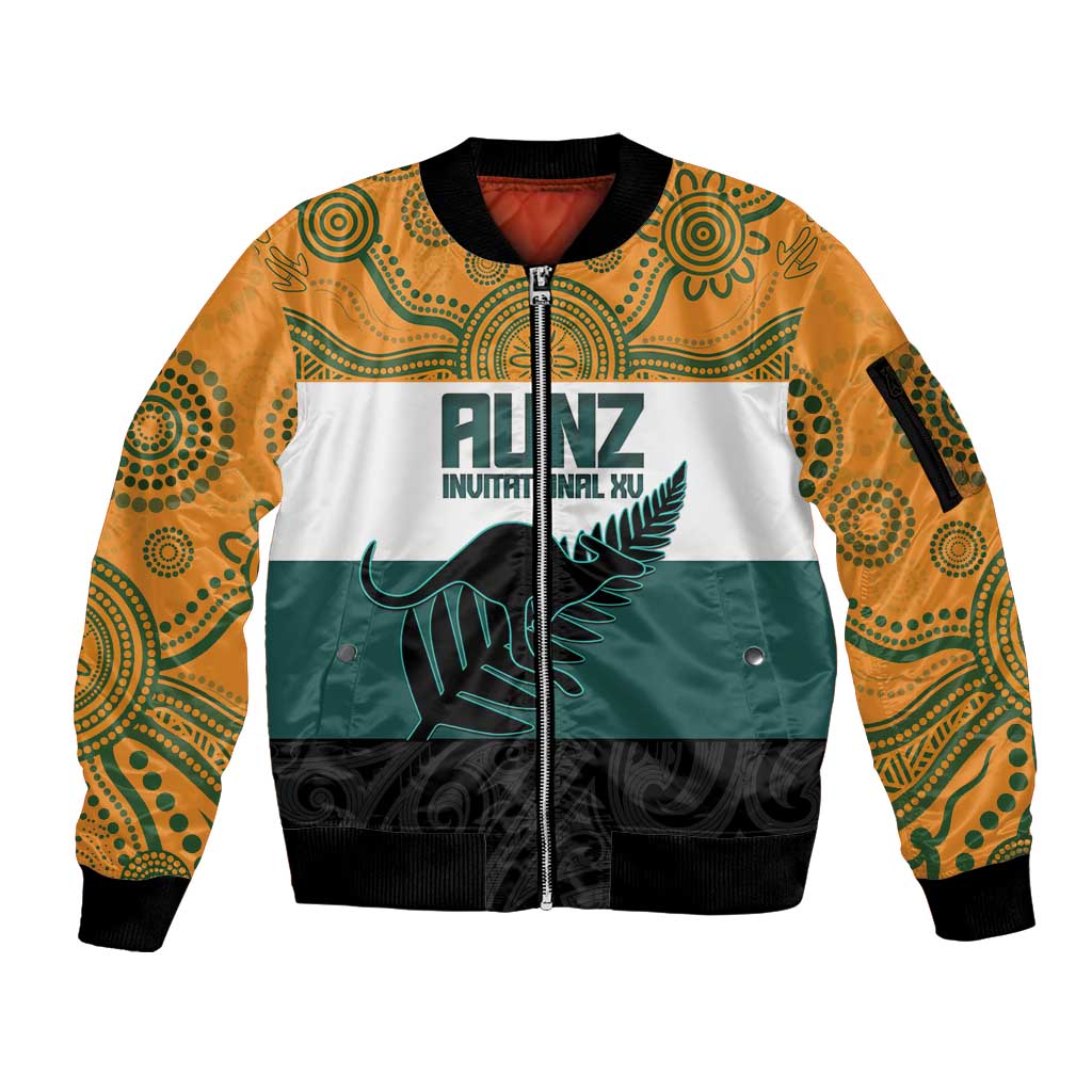 AUNZ Rugby Custom Sleeve Zip Bomber Jacket Australia Kangaroo New Zealand Silver Fern - Polynesian Pride