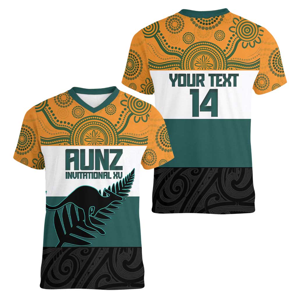 AUNZ Rugby Custom Women V-Neck T-Shirt Australia Kangaroo New Zealand Silver Fern LT14 - Polynesian Pride