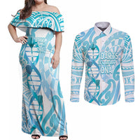 Personalised New Zealand Darts Couples Matching Off Shoulder Maxi Dress and Long Sleeve Button Shirt Aotearoa Maori Its In My DNA White - Polynesian Pride