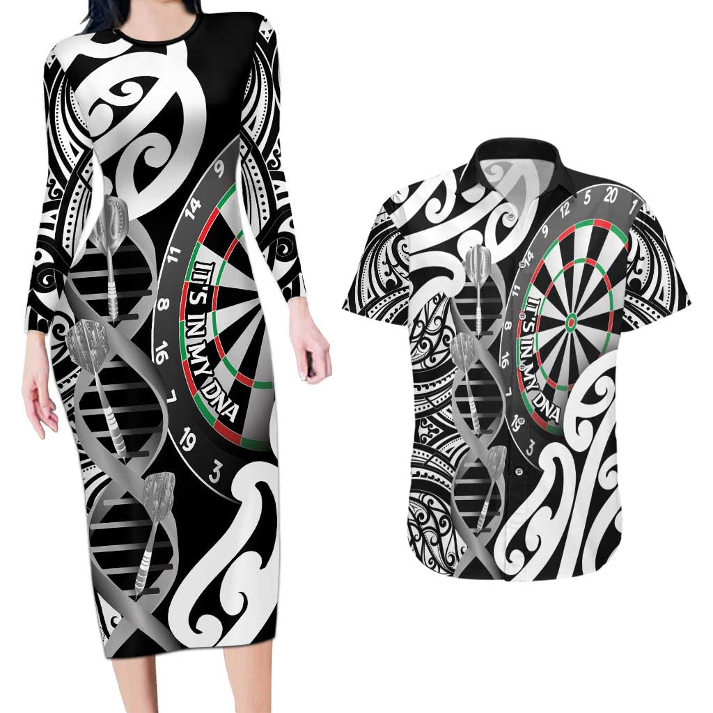 Personalised New Zealand Darts Couples Matching Long Sleeve Bodycon Dress and Hawaiian Shirt Aotearoa Maori Its In My DNA Black - Polynesian Pride