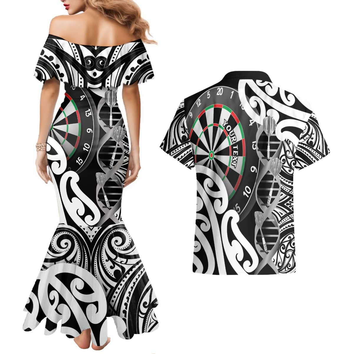 Personalised New Zealand Darts Couples Matching Mermaid Dress and Hawaiian Shirt Aotearoa Maori Its In My DNA Black - Polynesian Pride