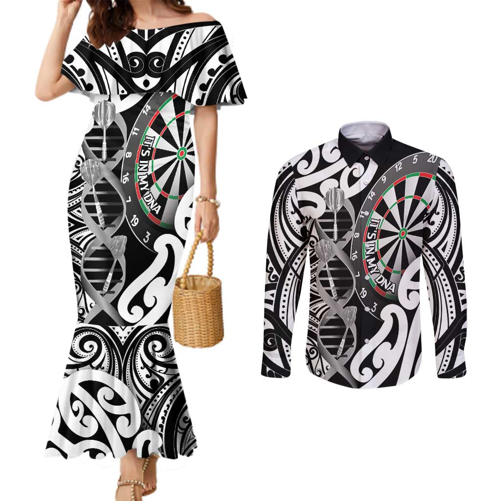 Personalised New Zealand Darts Couples Matching Mermaid Dress and Long Sleeve Button Shirt Aotearoa Maori Its In My DNA Black - Polynesian Pride