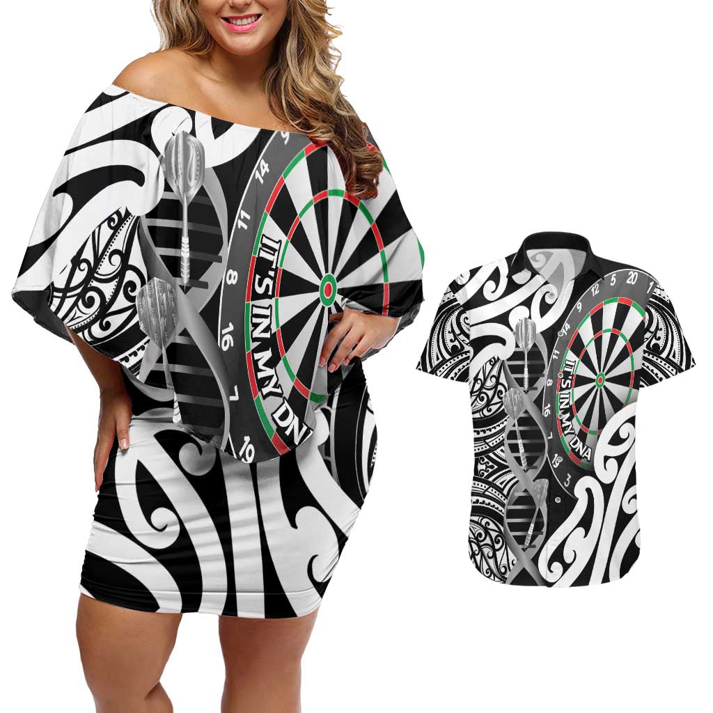 Personalised New Zealand Darts Couples Matching Off Shoulder Short Dress and Hawaiian Shirt Aotearoa Maori Its In My DNA Black - Polynesian Pride