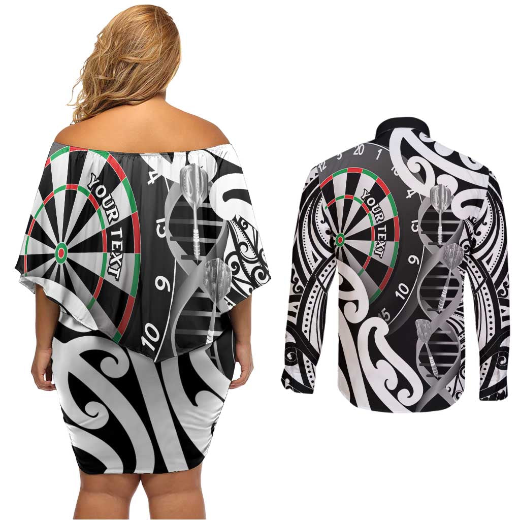 Personalised New Zealand Darts Couples Matching Off Shoulder Short Dress and Long Sleeve Button Shirt Aotearoa Maori Its In My DNA Black - Polynesian Pride