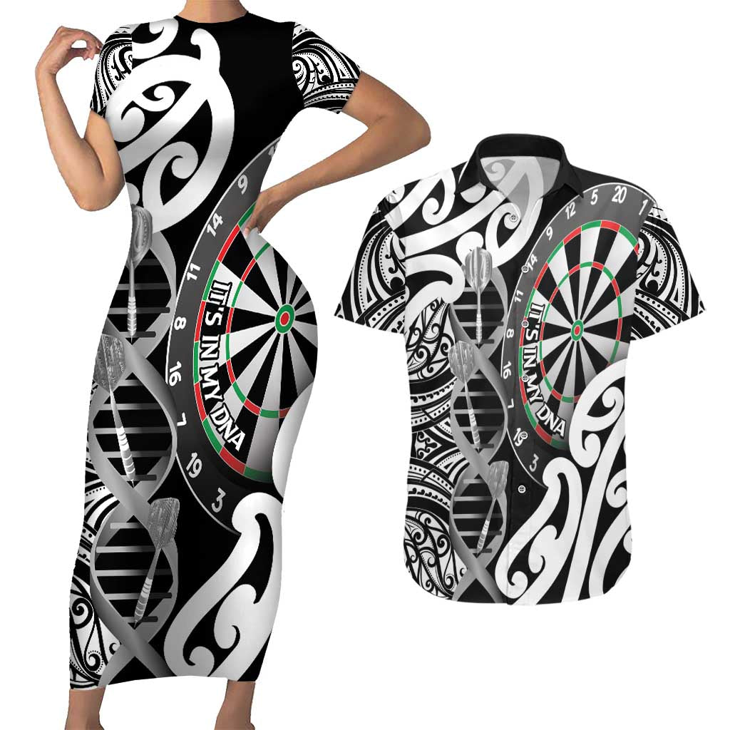 Personalised New Zealand Darts Couples Matching Short Sleeve Bodycon Dress and Hawaiian Shirt Aotearoa Maori Its In My DNA Black - Polynesian Pride
