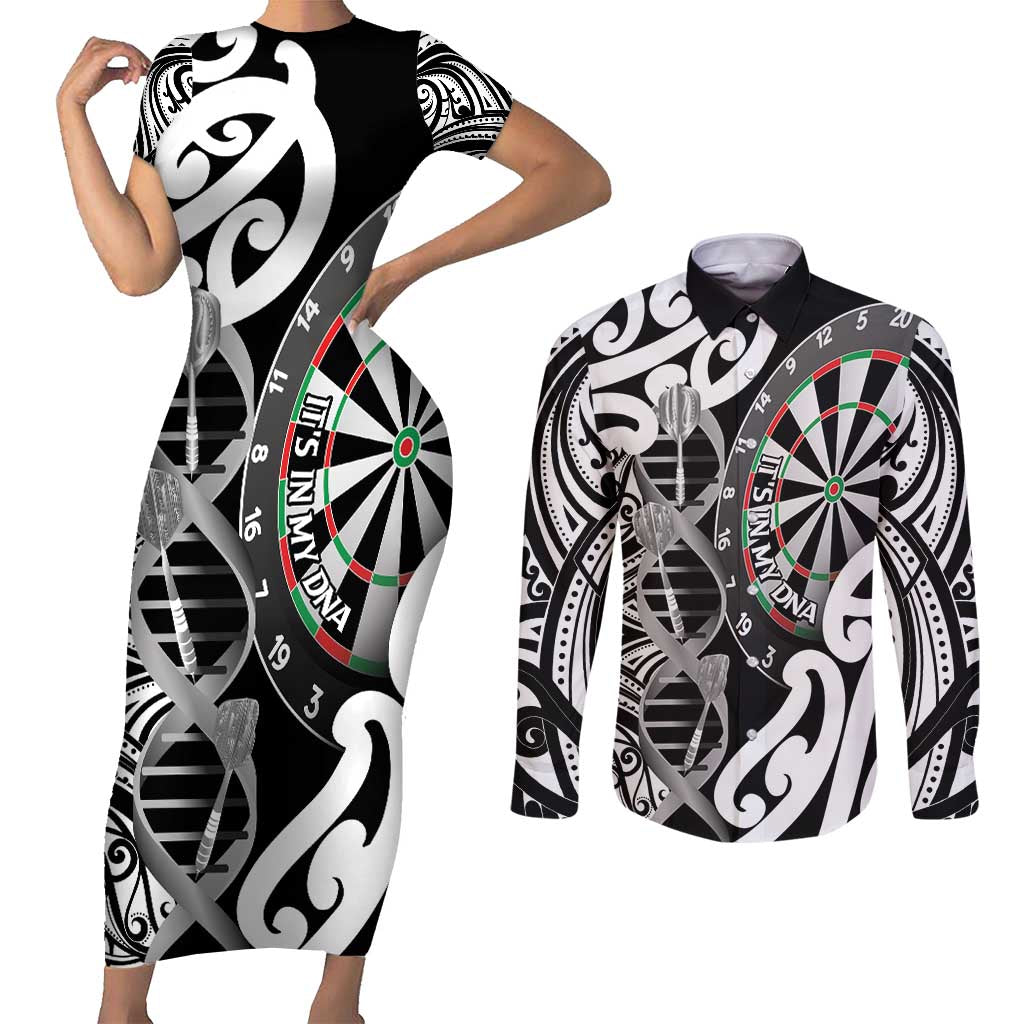Personalised New Zealand Darts Couples Matching Short Sleeve Bodycon Dress and Long Sleeve Button Shirt Aotearoa Maori Its In My DNA Black - Polynesian Pride