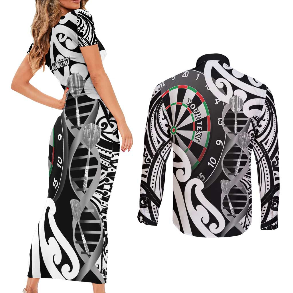 Personalised New Zealand Darts Couples Matching Short Sleeve Bodycon Dress and Long Sleeve Button Shirt Aotearoa Maori Its In My DNA Black - Polynesian Pride