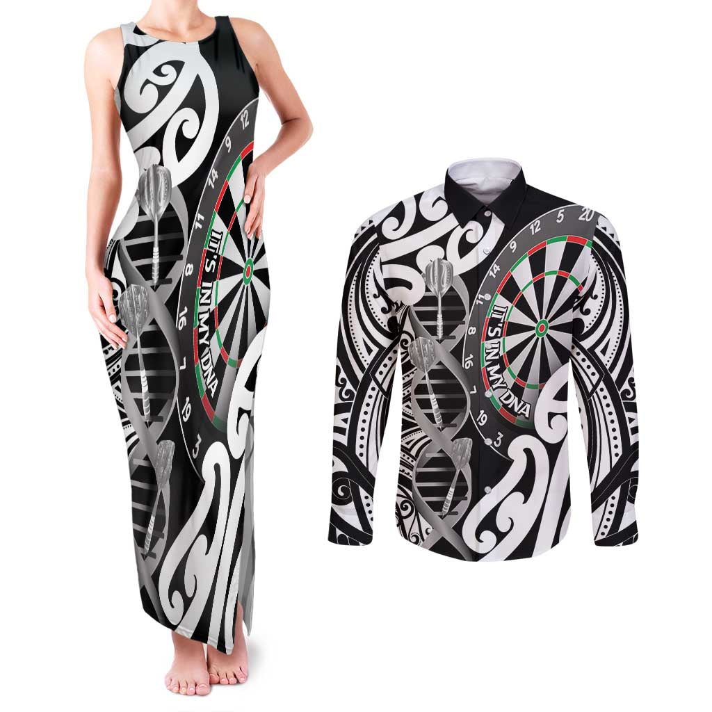Personalised New Zealand Darts Couples Matching Tank Maxi Dress and Long Sleeve Button Shirt Aotearoa Maori Its In My DNA Black - Polynesian Pride