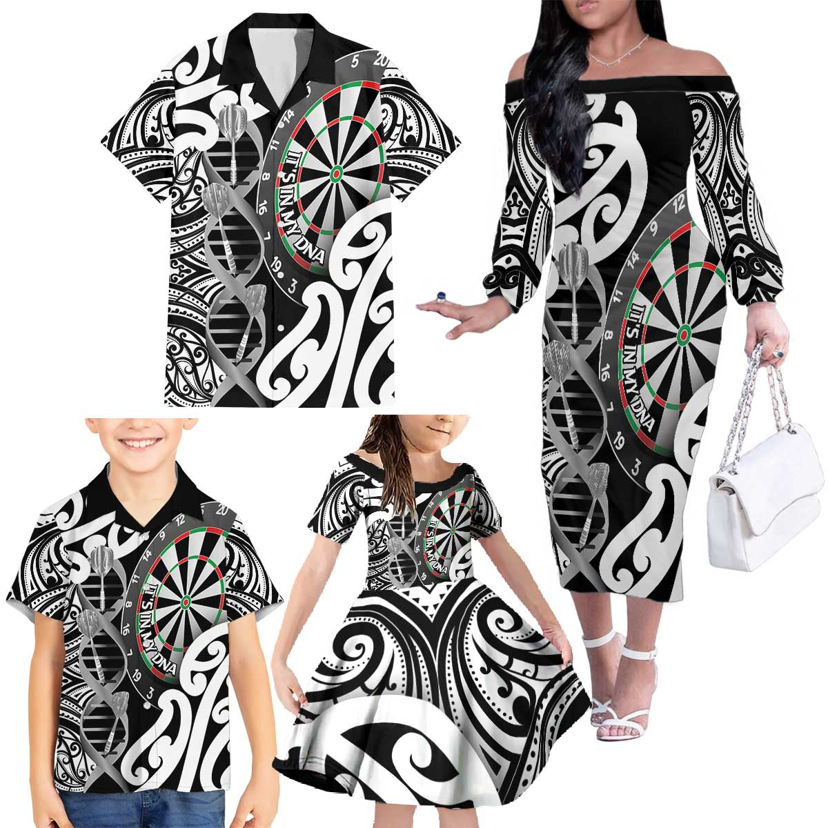 Personalised New Zealand Darts Family Matching Off The Shoulder Long Sleeve Dress and Hawaiian Shirt Aotearoa Maori Its In My DNA Black - Polynesian Pride