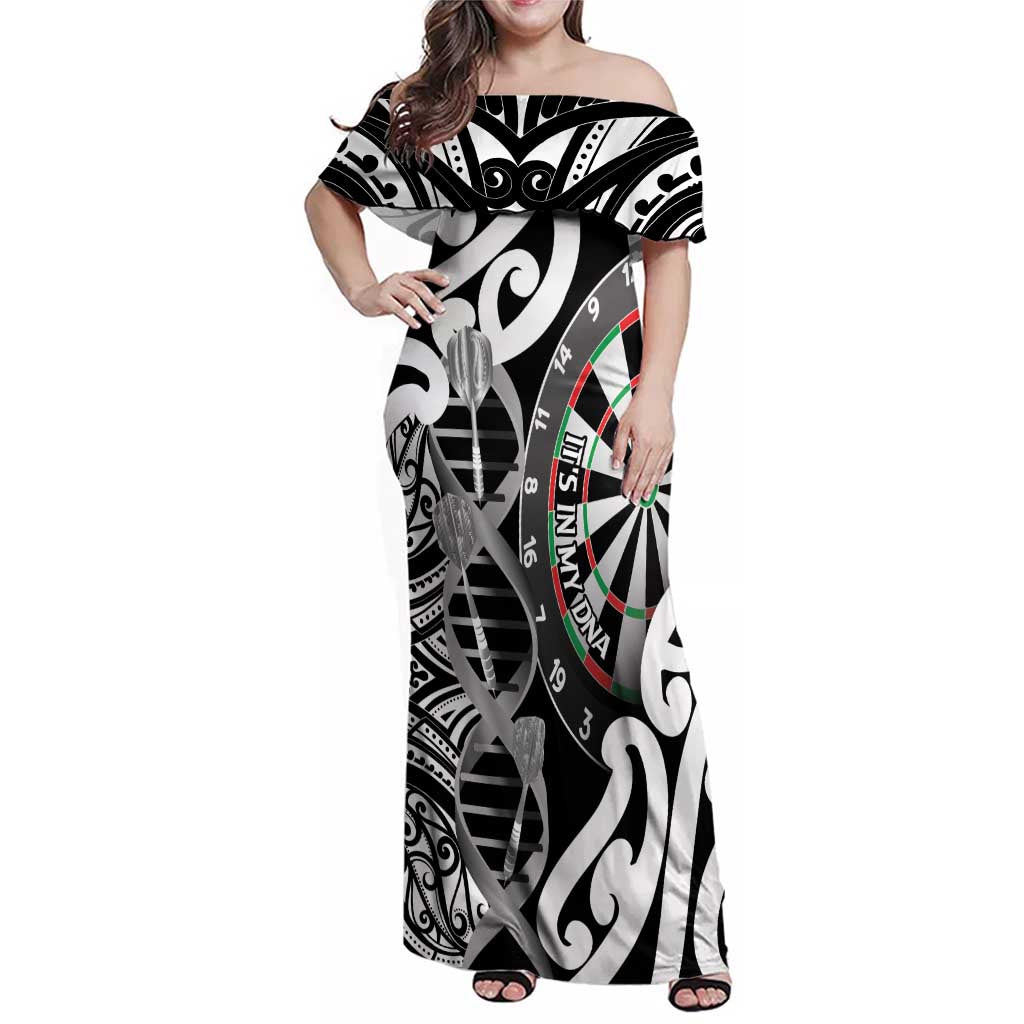 Personalised New Zealand Darts Family Matching Off Shoulder Maxi Dress and Hawaiian Shirt Aotearoa Maori Its In My DNA Black - Polynesian Pride