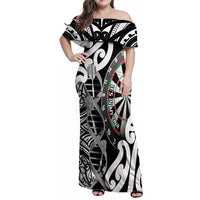 Personalised New Zealand Darts Family Matching Off Shoulder Maxi Dress and Hawaiian Shirt Aotearoa Maori Its In My DNA Black - Polynesian Pride