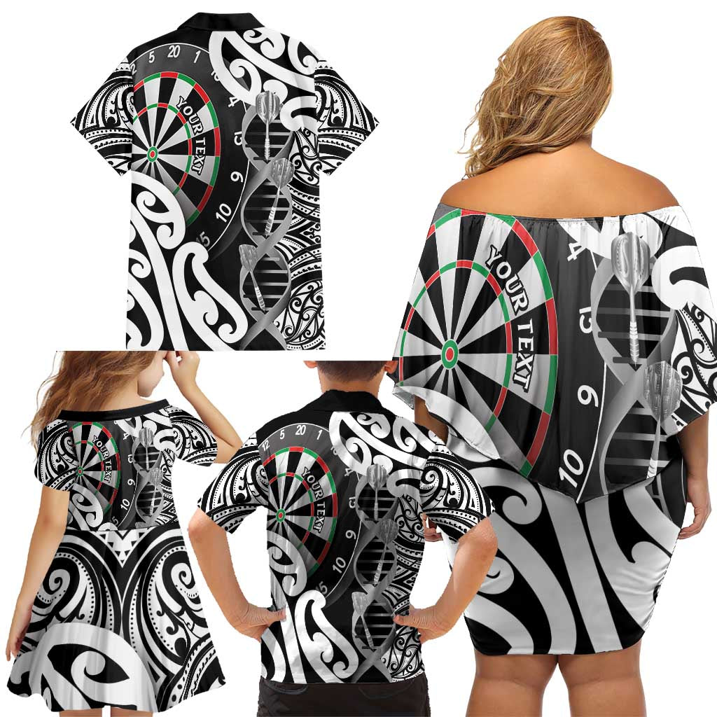 Personalised New Zealand Darts Family Matching Off Shoulder Short Dress and Hawaiian Shirt Aotearoa Maori Its In My DNA Black - Polynesian Pride