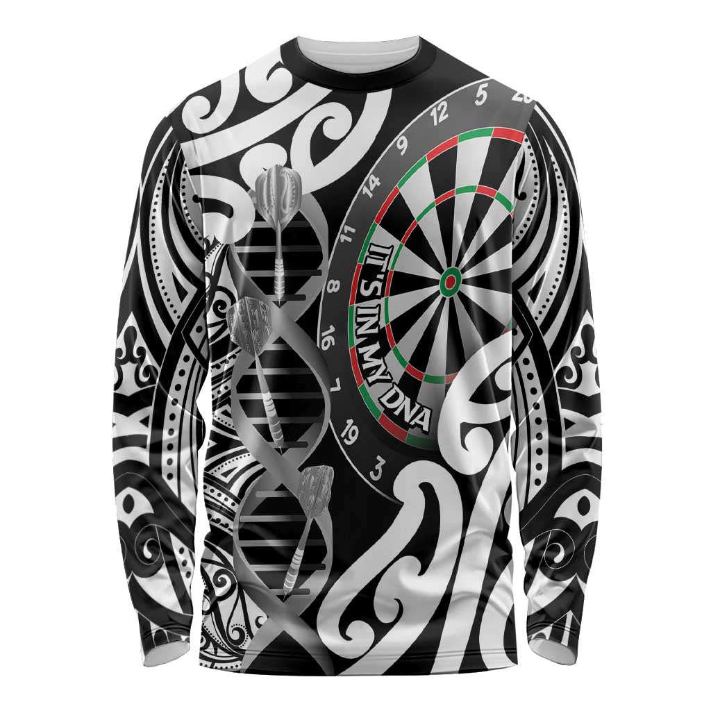 Personalised New Zealand Darts Long Sleeve Shirt Aotearoa Maori Its In My DNA Black - Polynesian Pride