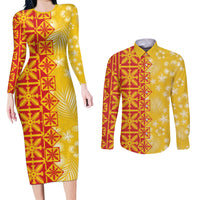 Kahili Quilt Hawaii Couples Matching Long Sleeve Bodycon Dress and Long Sleeve Button Shirt Tropical Flower Seamless Half Style LT14 Yellow - Polynesian Pride