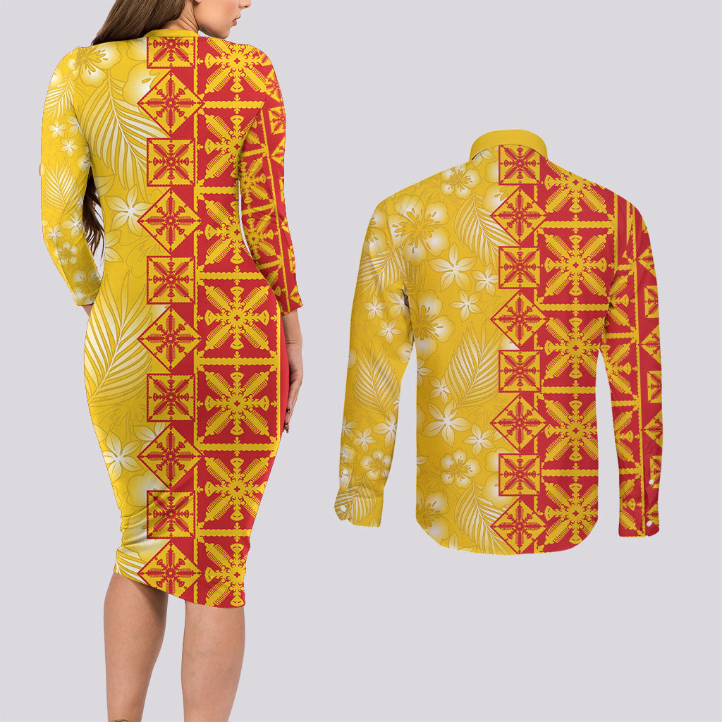 Kahili Quilt Hawaii Couples Matching Long Sleeve Bodycon Dress and Long Sleeve Button Shirt Tropical Flower Seamless Half Style LT14 - Polynesian Pride