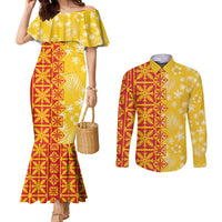 Kahili Quilt Hawaii Couples Matching Mermaid Dress and Long Sleeve Button Shirt Tropical Flower Seamless Half Style LT14 Yellow - Polynesian Pride