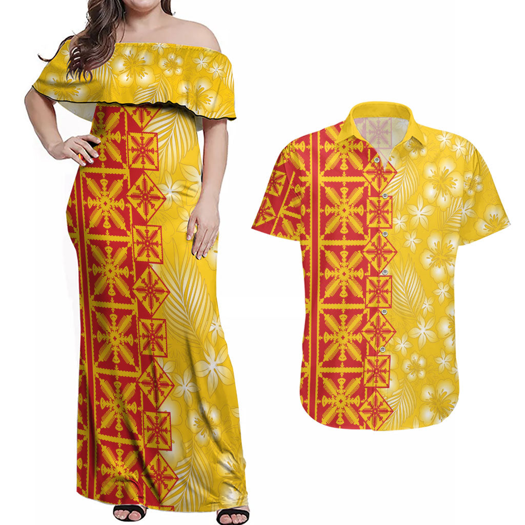 Kahili Quilt Hawaii Couples Matching Off Shoulder Maxi Dress and Hawaiian Shirt Tropical Flower Seamless Half Style LT14 Yellow - Polynesian Pride