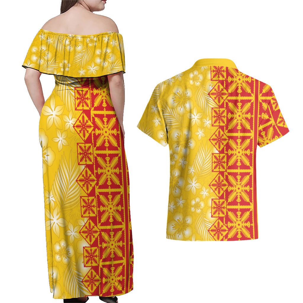 Kahili Quilt Hawaii Couples Matching Off Shoulder Maxi Dress and Hawaiian Shirt Tropical Flower Seamless Half Style LT14 - Polynesian Pride