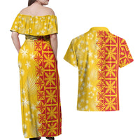 Kahili Quilt Hawaii Couples Matching Off Shoulder Maxi Dress and Hawaiian Shirt Tropical Flower Seamless Half Style LT14 - Polynesian Pride