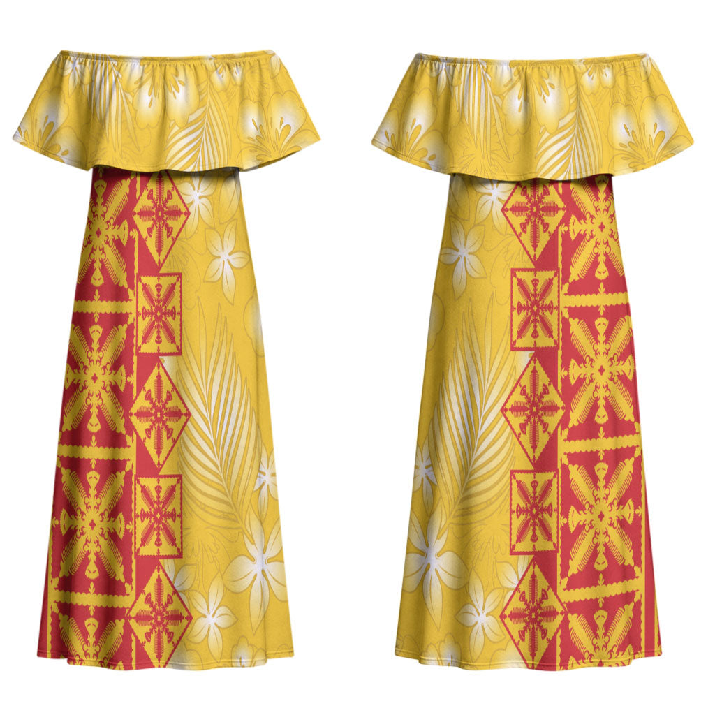 Kahili Quilt Hawaii Couples Matching Off Shoulder Maxi Dress and Long Sleeve Button Shirt Tropical Flower Seamless Half Style LT14 - Polynesian Pride